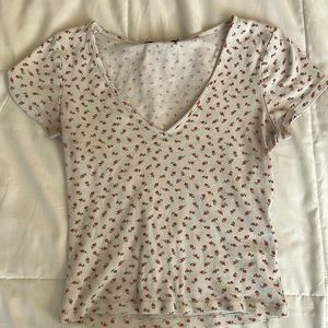 White Floral V Neck Tee